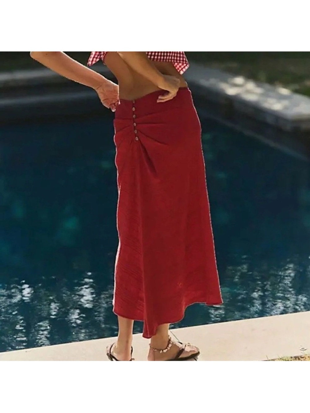 Red cotton midi skirt button back free people free-est collection summer boho L